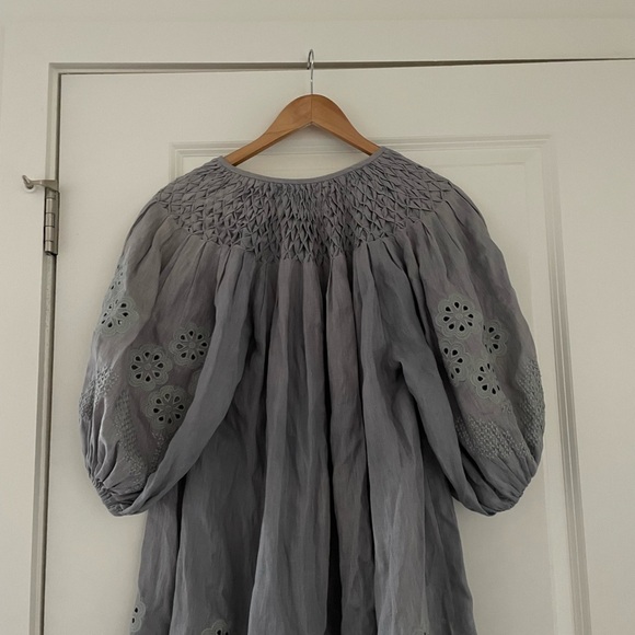 Innika Choo Smocked Floral Embroidered Eyelet Linen Dress - Picture 6 of 10